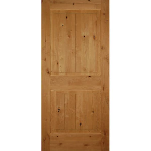 Builders Choice 36 in. x 80 in. Right-Handed 2-Panel Square Top V-Groove Solid Core Knotty Alder Single Prehung Interior Door