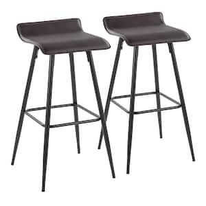 Ale 32.5 in. Espresso Faux Leather and Black Metal Low Back Fixed-Height Bar Stool (Set of 2)
