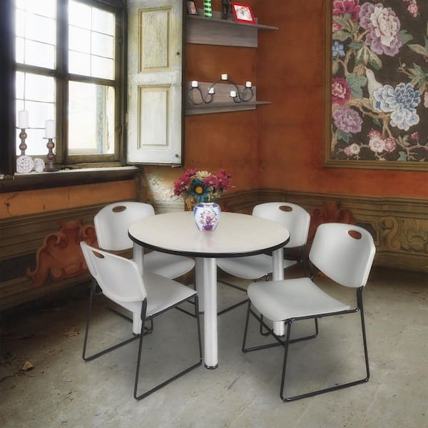 Kee 36 in. Maple Top Round Breakroom Table Desk, Chrome Legs, 4 Zeng Stack Chairs-Grey