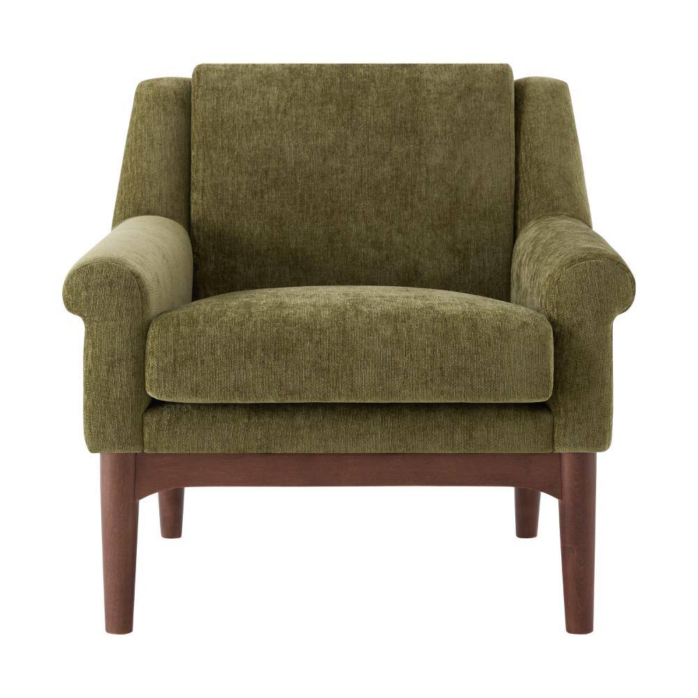Front view of a green boucle upholstered arm chair with solid wood legs.