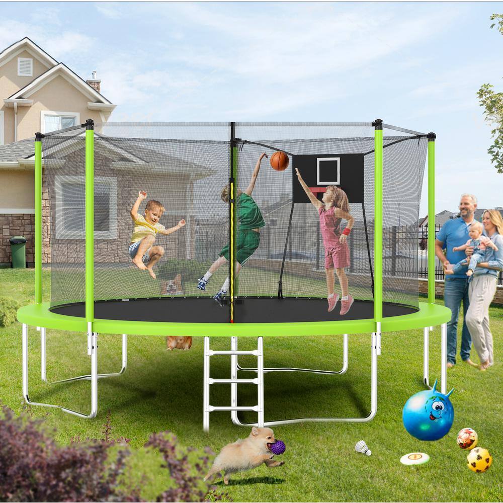 14FT Green Round Trampoline with Enclosure and Ladder