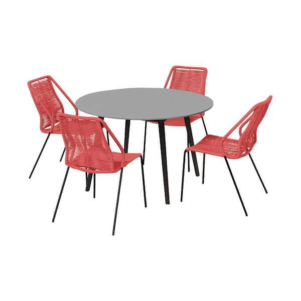 Armen Living Sydney and Clip Brick Red 5-Piece Wood Round Outdoor Dining Set