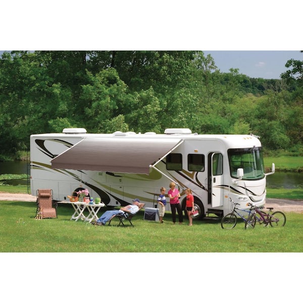 DOMETIC 8500 Manual Patio Awning with Polar White Weathershield - 20 ft., Sandstone Linen Fade