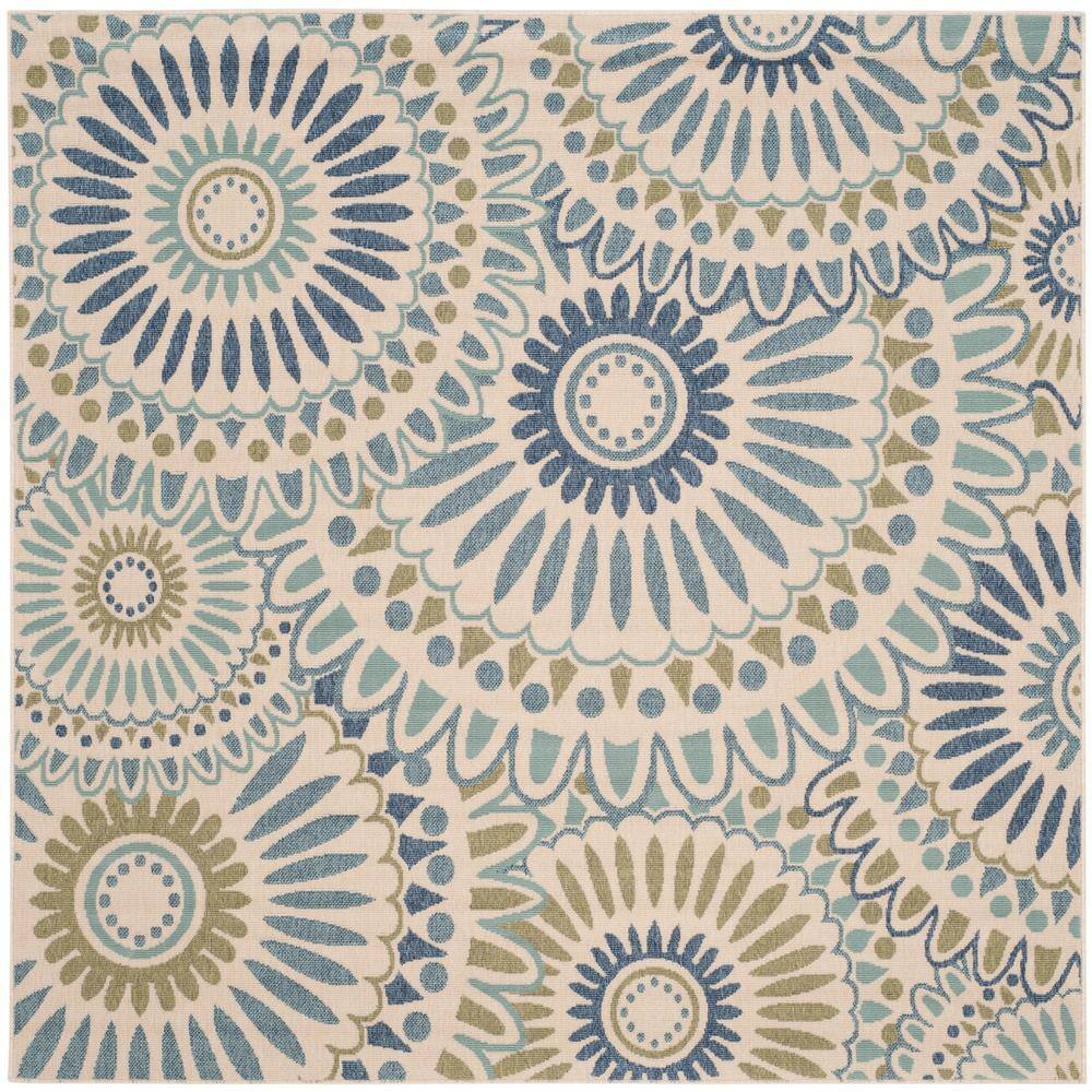 Cream and Green Synthetic Square Indoor/Outdoor Rug 3' x 3'