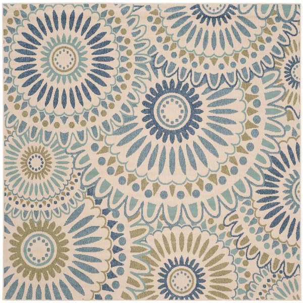 SAFAVIEH Veranda Cream/Green Doormat 3 ft. x 3 ft. Floral Geometric Indoor/Outdoor Patio Square Area Rug