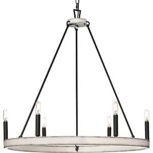 Galloway 6-Light 28.25 in. Matte Black Modern Farmhouse Chandelier with Distressed White Accents