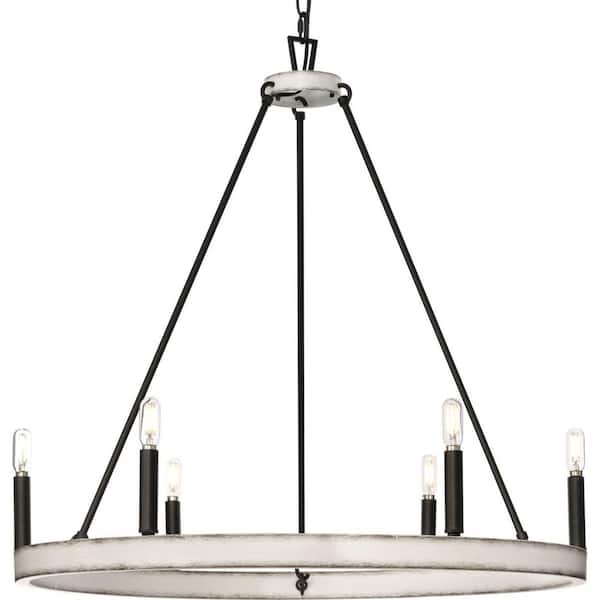 Progress Lighting Galloway 6-Light 28.25 in. Matte Black Modern Farmhouse Chandelier with Distressed White Accents