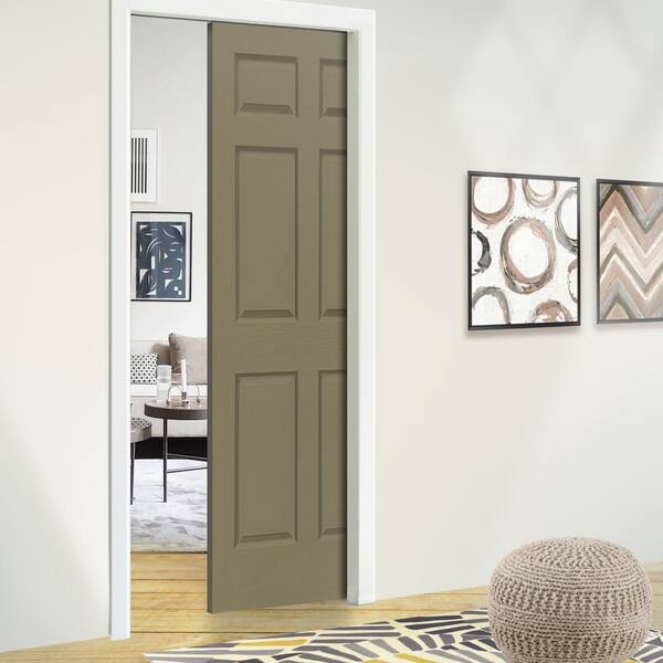 Olive Green 36 in. x 80 in. Painted Composite MDF 6PANEL Interior Sliding Door with Pocket Door Frame and Hardware Kit