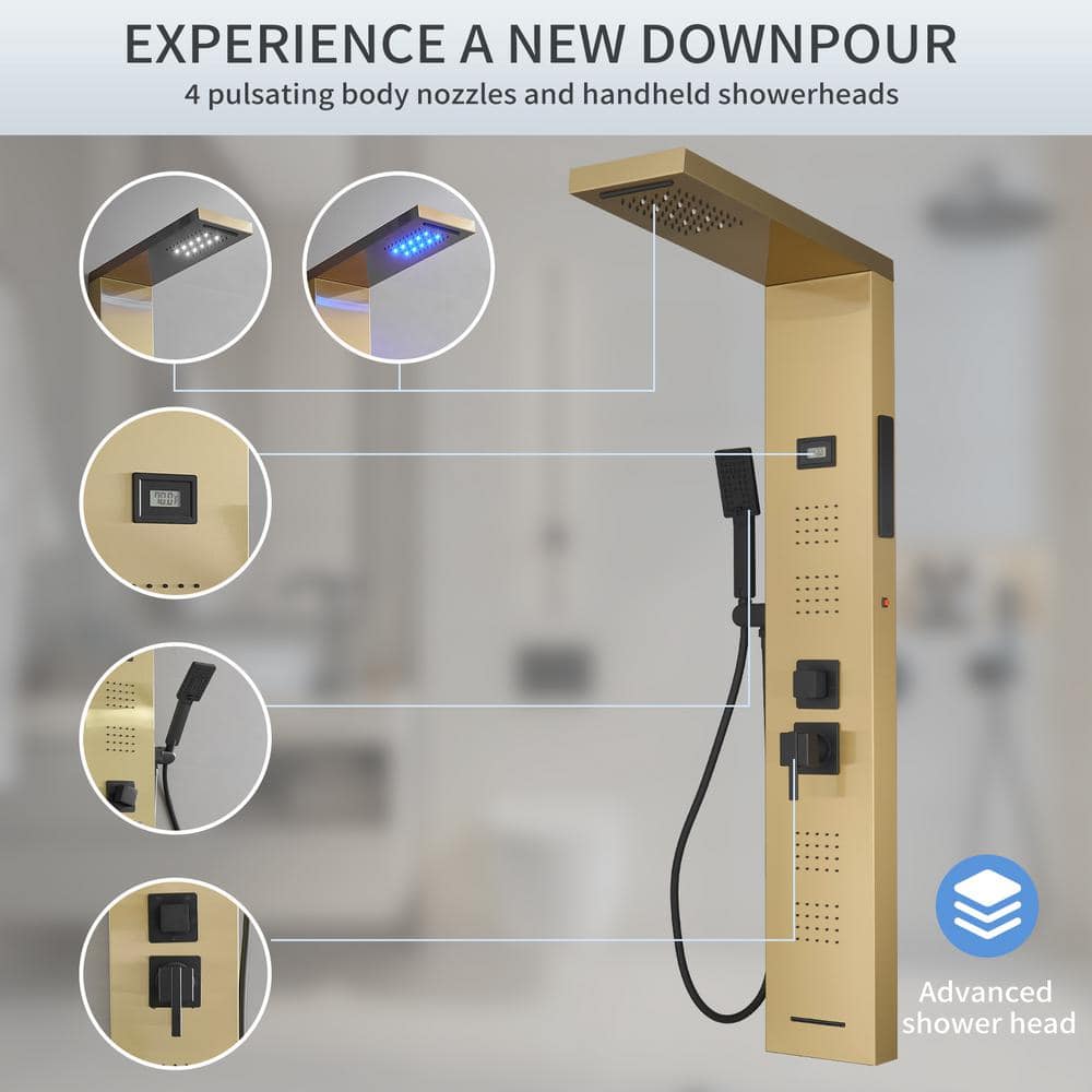 Gold Brushed Stainless Steel Shower Panel with LED and Handheld Wand