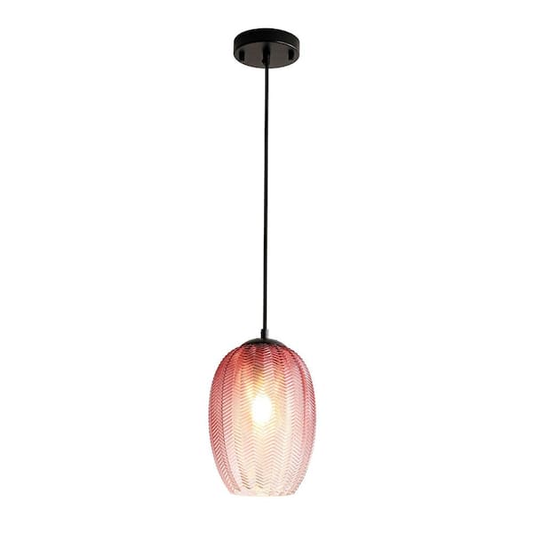Worton 1-Light Modern Black Cylinder Purple-Red Textured Gradient Glass Pendant Light for Kitchen Island or Stairway