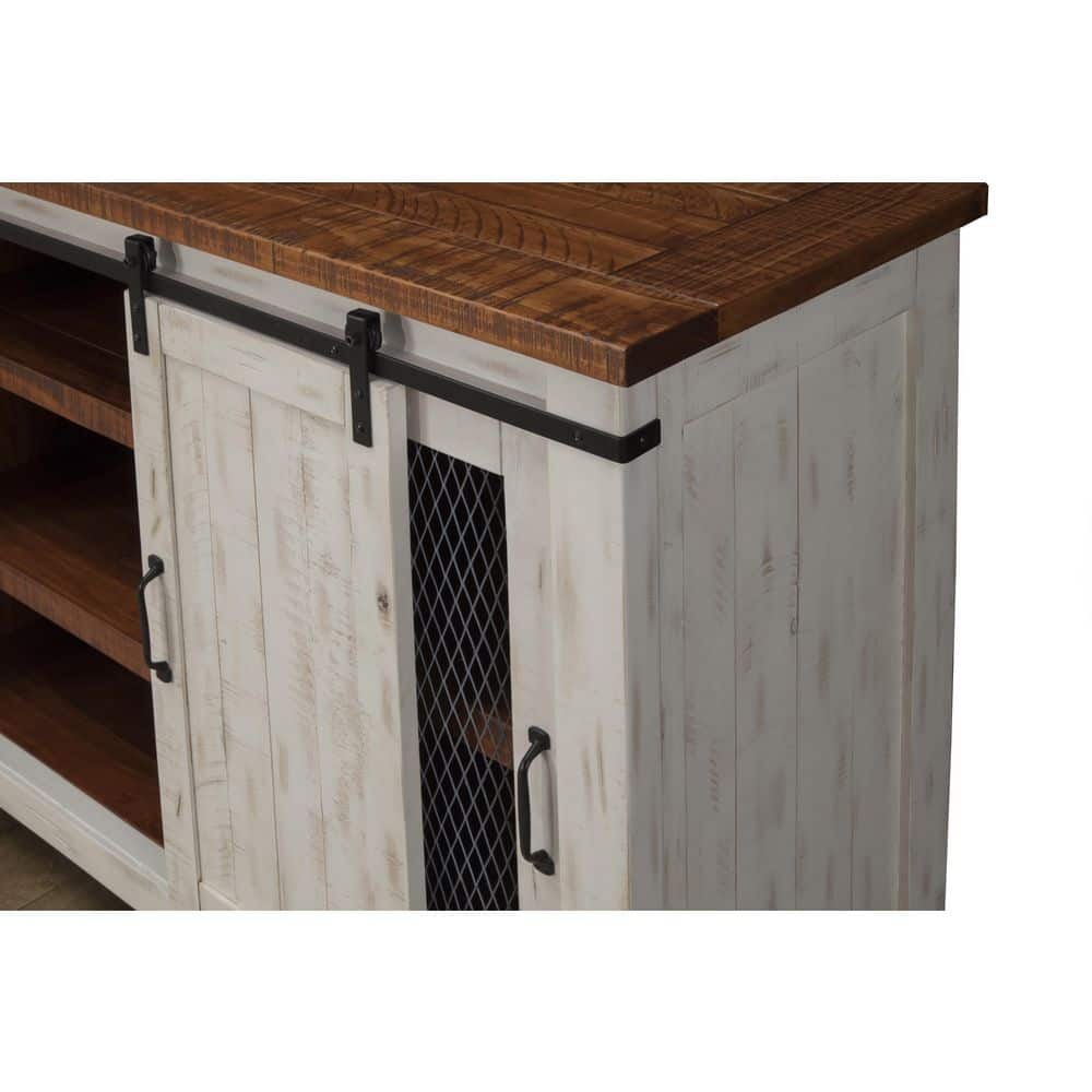 Antique White and Aged Distressed Pine 65" TV Stand with Cabinet