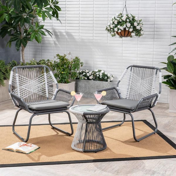 Zeus & Ruta 3-Piece Gray Wicker Patio Conversation Set with Gray Cushions and Coffee Table for Backyard, Porch, Balcony, Garden