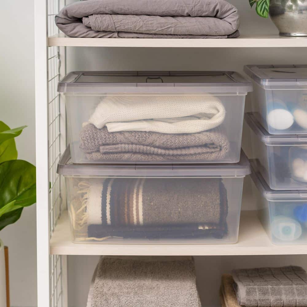 Clear Stackable Plastic Storage Bins with Gray Lids, Set of 8