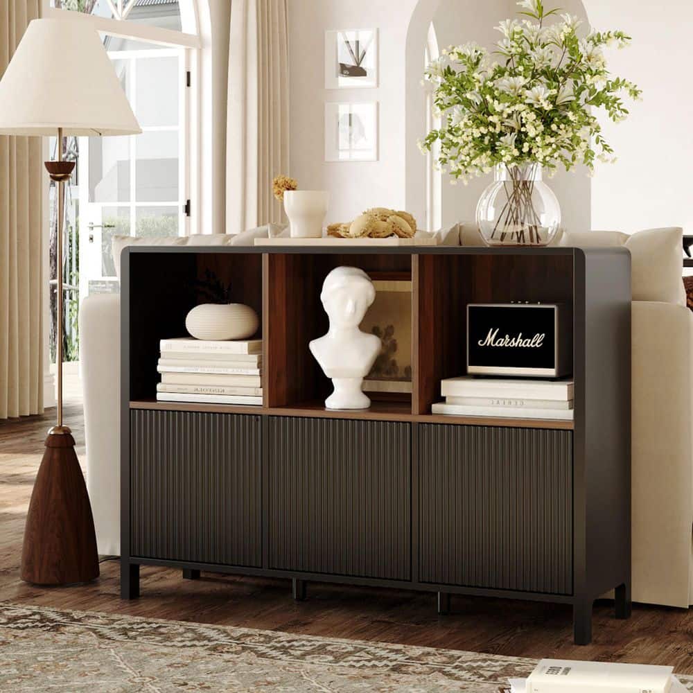 Black 31.1 in. H Bookcase Accent Storage Cabinet with 3 Open Shelves, Push-to-Open Fluted Doors for Office, Living Room