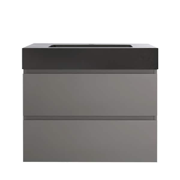 JimsMaison 30 in. W x 18 in. D x 25 in. H Wall Mounted Bath Vanity in Grey with Black Solid Surface Top