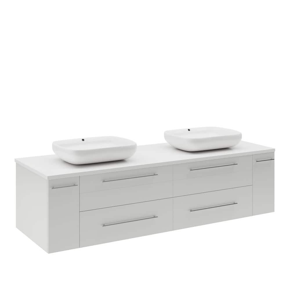 Modern 60" White Quartz Stone Double Vessel Sink Wall-Mount Vanity