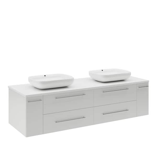 Fresca Lucera 60 in. Double Sink Wall Mount Floating White Bath Vanity with White Quartz Top and Vessel Ceramic Sinks