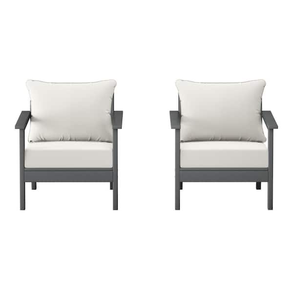 Birchwood Gray Outdoor Patio (Set of 2) Deep Seating HDPE Lounge Chairs w/ White Cushions
