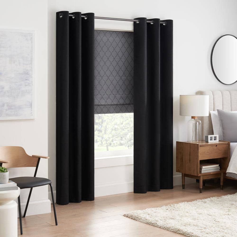 Gray Cordless Blackout Roman Shade with Woven Ogee Design