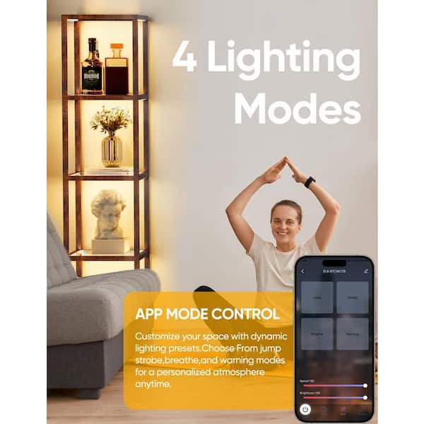 Modern 66.4 in. Brown Floor Lamp Glass Display Shelf with APP Color Temp Dimm, Column Floor Lamp for Living Room