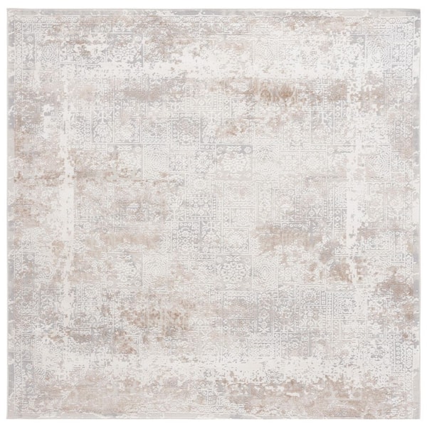 Hanna Ivory Gray/Beige 7 ft. x 7 ft. Distressed Ornate Border Square Area Rug