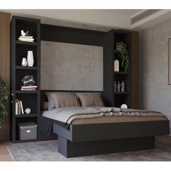 Easy-Lift Black Wood Frame Queen Murphy Bed with Bookshelf