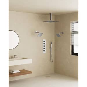 Thermostatic Valve 15-Spray 16 x 6 x 6 in. Ceiling Mount Dual Shower Head and Handheld Shower in Brushed Nickel
