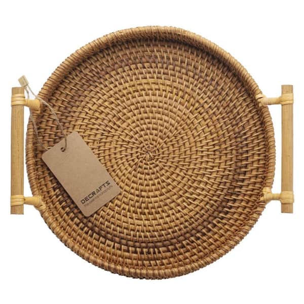 Versatile Handwoven Beige Earth Tone Rattan Round Serving Tray with Handles  for Serving Dinner Parties (1-Piece Set)