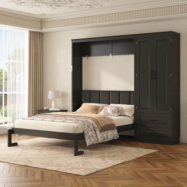 Black Wood Frame Queen Size Murphy Bed with Storage Wardrobe, 2 Drawers, Upholstered Headboard