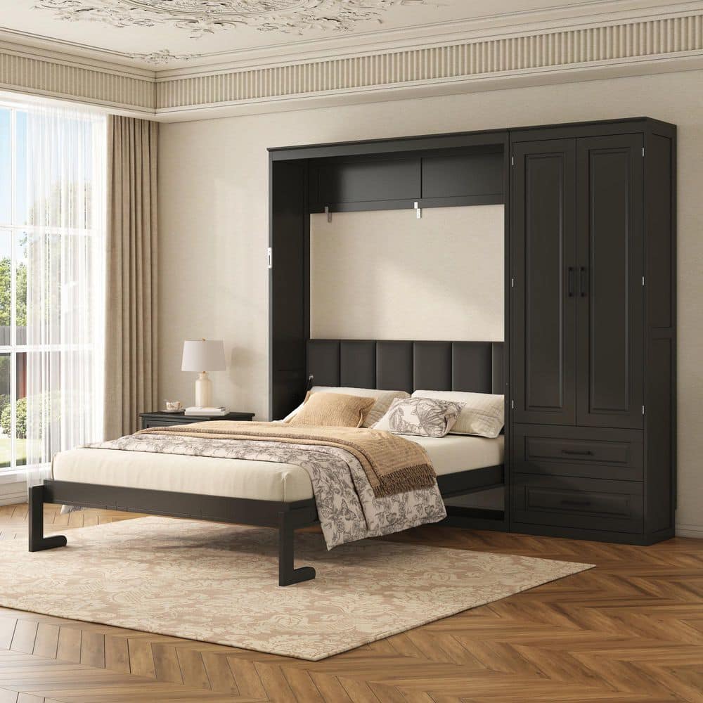 Harper & Bright Designs Black Wood Frame Queen Size Murphy Bed with ...
