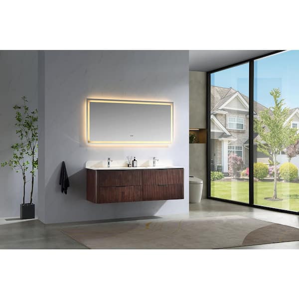 Elio 60 in. W x 18.9 in. D x 20 in. H Walnut Color Bath Vanity with White Acrylic Top With Double White Sink