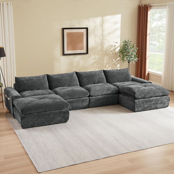 Jesse Modern 152.8 in. Flared Arms Chenille Upholstered Modular Compressed Sectional Sofa in Dark Gray with 2 Ottomans