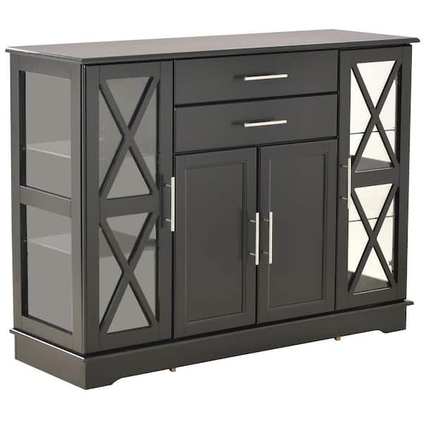 LUCKY ONE Antler Black Functional Sideboard Buffet with Tempered Glass Large Storage Space Adjustable Shelves Buffet