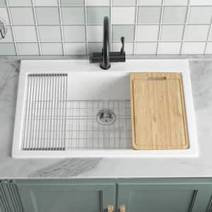 Fireclay Workstation Kitchen Sink 33 in. White Drop-in Kitchen Sink Single Bowl 1-Faucet Hole Cutting Board Grid Drain