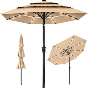 10 ft. Steel Market Solar Tilt Patio Umbrella with 24 LED Lights, Tilt Adjustment, Easy Crank in Sand