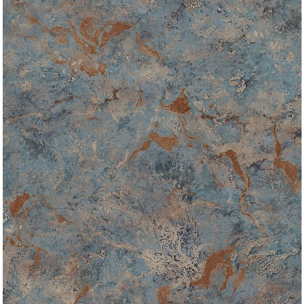Seabrook Designs 60.75 sq. ft. Metallic Navy Mist and Rust Large Marble Embossed Vinyl Unpasted Wallpaper Roll