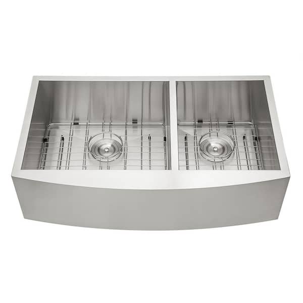 33 in. Farmhouse/Apron-Front 60/40 Double Bowl 18-Gauge Brushed Nickel Stainless Steel Kitchen Sink with Accessories