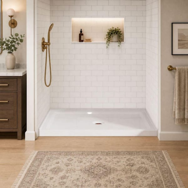 48 in. L x 32 in. W x 3.4 in. H Alcove Rectangular Acrylic Anti-Slip Shower Pan Base with Center Drain in White