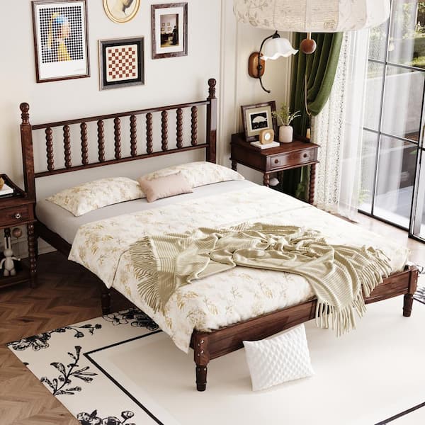 Harper & Bright Designs Walnut (Brown) Wood Frame Queen Platform Bed with Gourd Shaped Headboard, Extra Support Legs(Nightstands not Included)