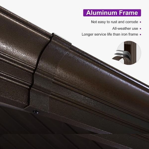 10 ft. x 14 ft. Bronze Patio Outdoor Gazebo for Backyard Hardtop Aluminum Frame Hooks Netting Khaki Curtain 24 Lights