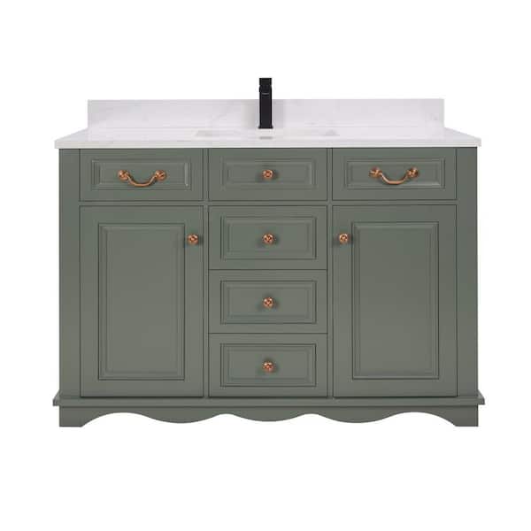 French Contemporary 48 in. Freestanding Pewter Green Bath Vanity with White Artificial Stone Top Assembled Bath Vanity