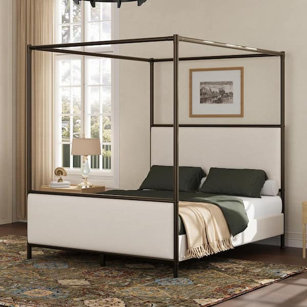Arleston Modern Beige Linen Upholstered and Bronze Metal Frame Queen Size Canopy Bed with Headboard and Footboard
