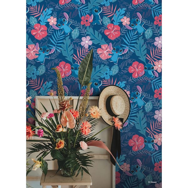 Blue Disney Stitch Tropical Flowers Peel and Stick Wallpaper Roll
