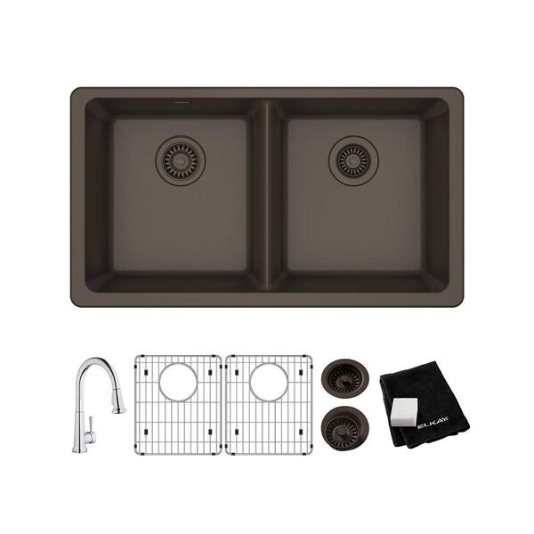 Elkay Quartz Classic Mocha Quartz 33 in. Equal Double Bowl Undermount Kitchen Sink with Faucet, Bottom Grid and Drain