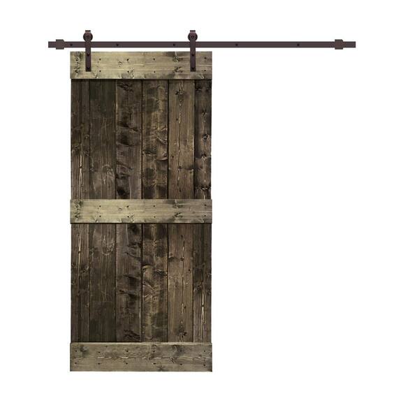 CALHOME Distressed Mid-Bar 30 in. x 84 in. Espresso Stained Solid Pine Wood Interior Sliding Barn Door with Hardware Kit