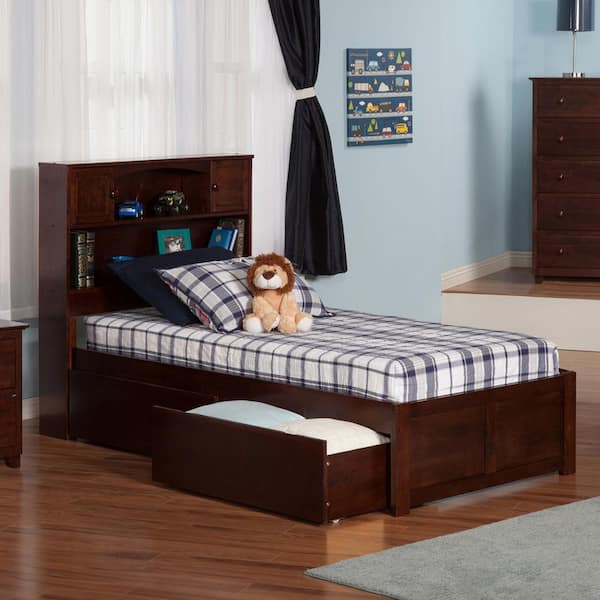AFI Newport Walnut Twin XL Solid Wood Storage Platform Bed with Flat Panel Foot Board and 2 Bed Drawers