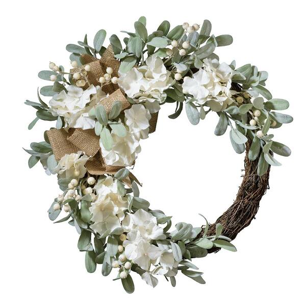 Haute Decor 22 in. Artificial Cream Crescent Hydrangea Wreath with Burlap Accents