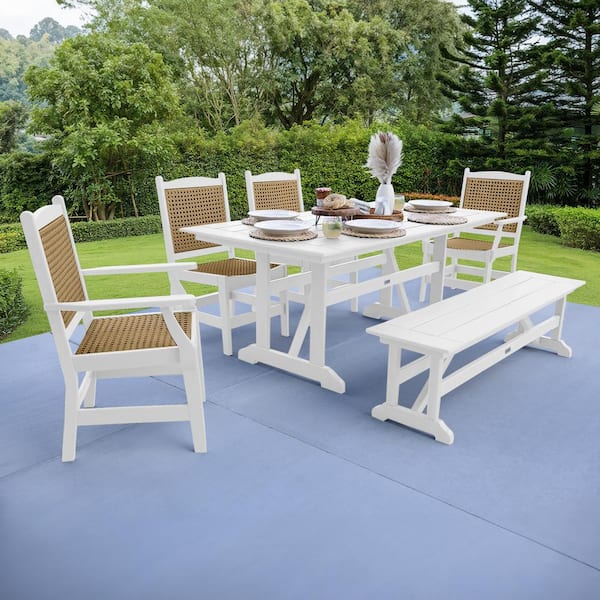 LuXeo Tuscany White 6-Piece HDPE Plastic Woven Retangle Outdoor Dining Set