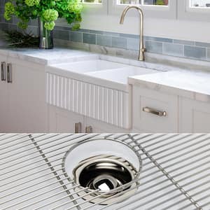 Luxury 33 in. Farmhouse/Apron-Front Double Bowl White Solid Fireclay Kitchen Sink with Polished Nickel Acy