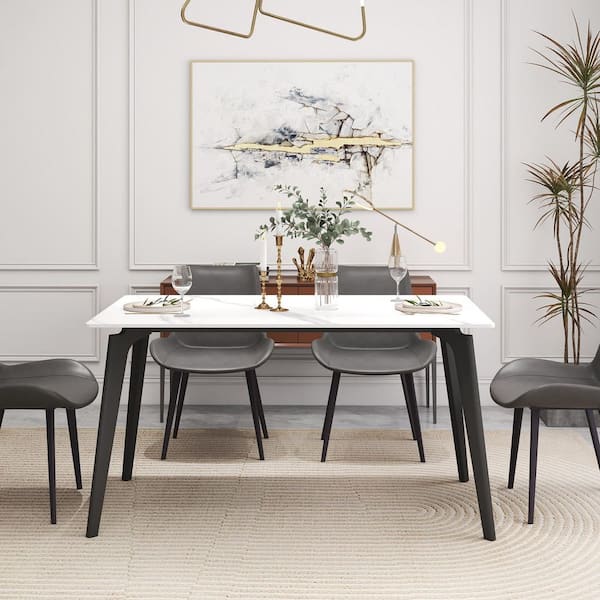 63 in. White Sintered Stone with Black Metal 4-Legs Dining Table (Seats-6)